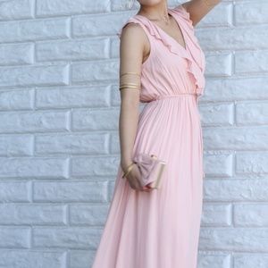 Maxi Dress Faux Wrap Top Ruffled Pink w/Waist Tie
